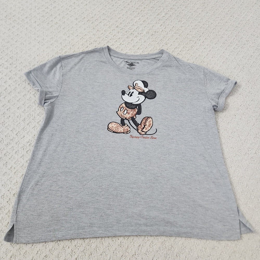 Disney Cruise Line Captain Mickey Mouse Sequin Graphic T-Shirt Gray XL